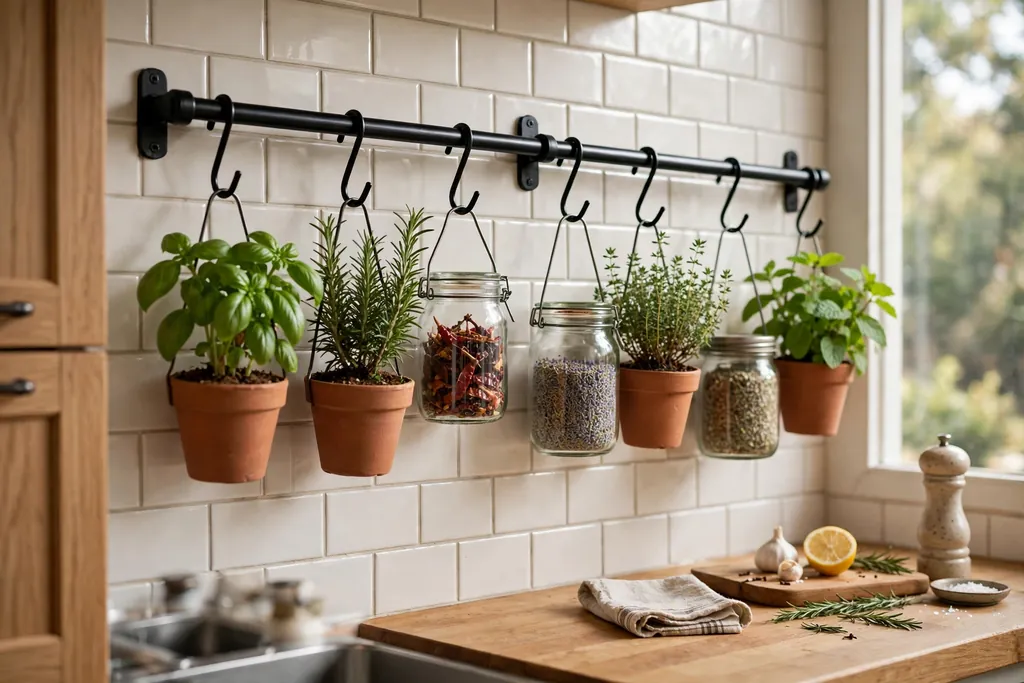 Metal wall rail with hanging herb pots and jars in a kitchen.