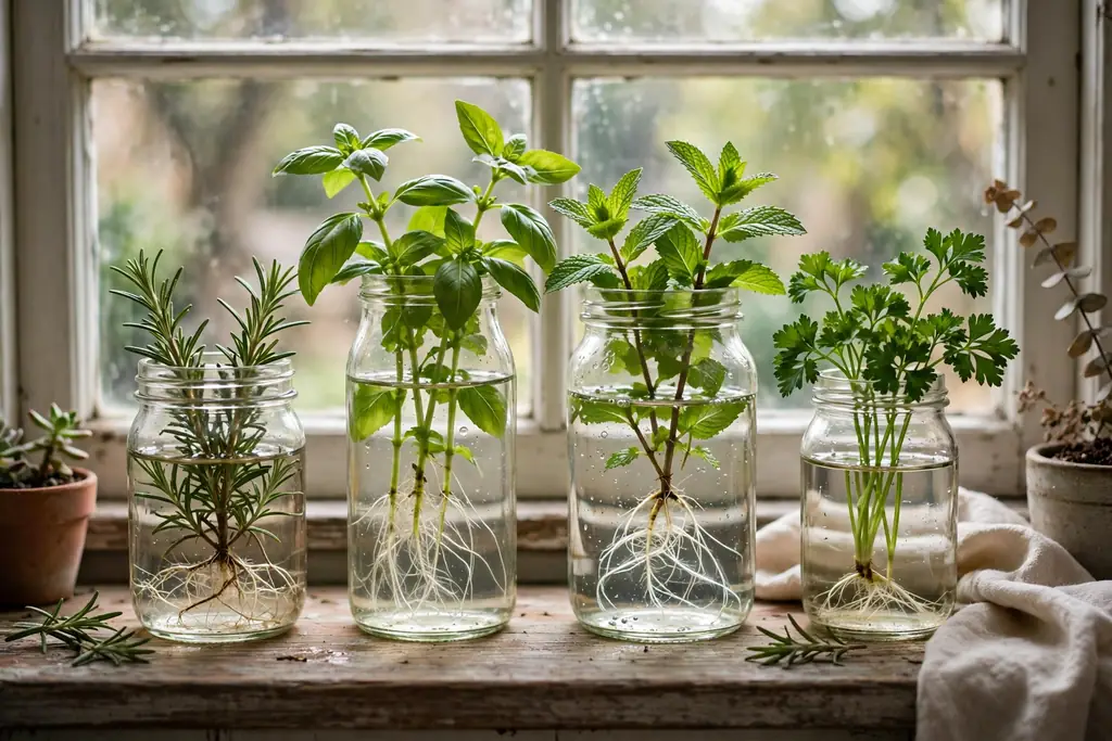 Glass jars of herb cuttings rooting in water on a windowsill.