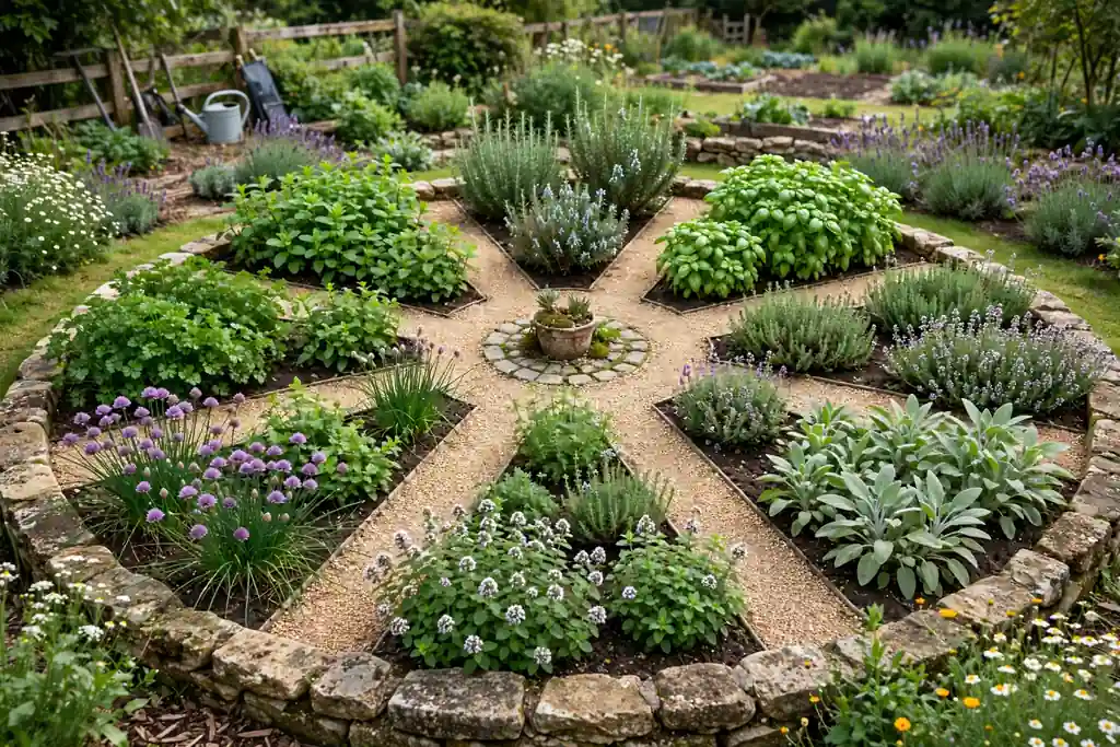 Round herb bed with spoke paths and a different herb in each wedge.