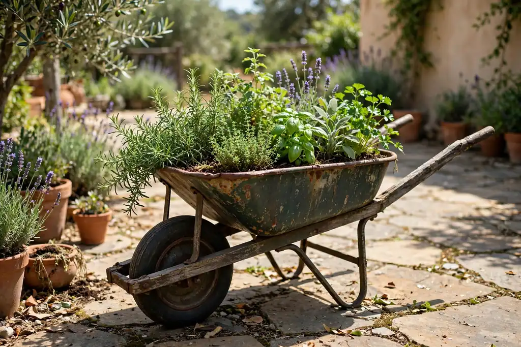 Old wheelbarrow planted with herbs on a sunny patio.