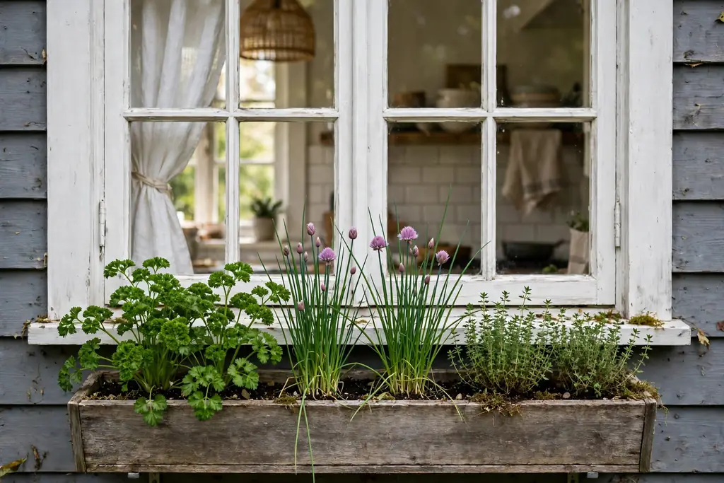 Window box under a kitchen window planted with parsley, chives, and thyme.