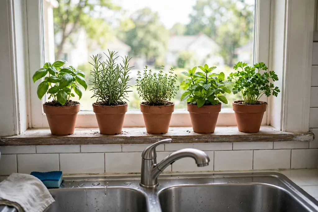 Small herb pots in a row on a bright kitchen windowsill above a sink.