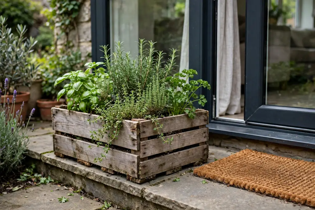 Wooden crate planted with herbs on a patio doorstep.