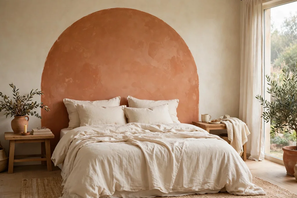 Painted terracotta arch mural on the wall behind a bed.