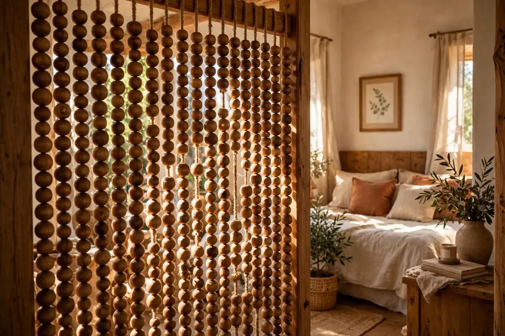 Wooden beaded curtain hanging in a bedroom doorway.