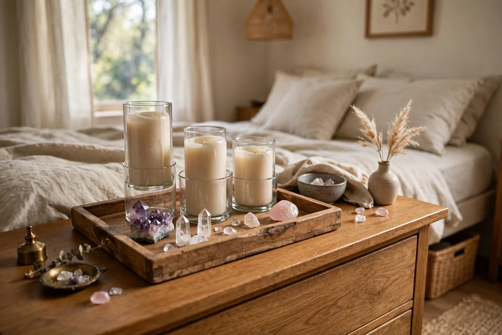 Dresser top with a wooden tray holding candles and crystals.
