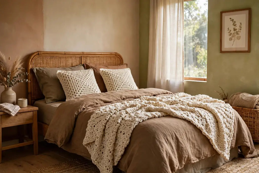 Bed with a chunky cream crochet throw and crochet cushion covers.