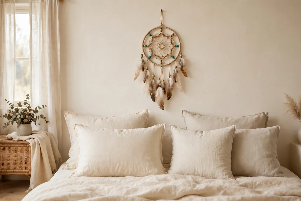 Dreamcatcher with feathers hanging centered above bed pillows.