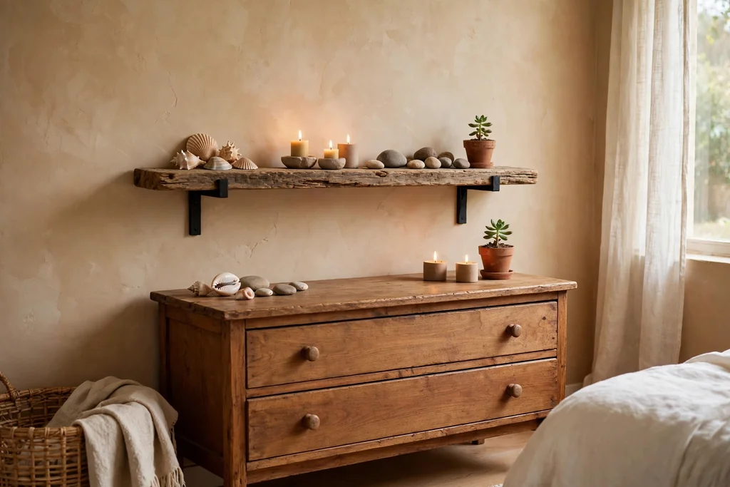 Reclaimed wood shelf above a dresser holding shells, candles and a small plant.