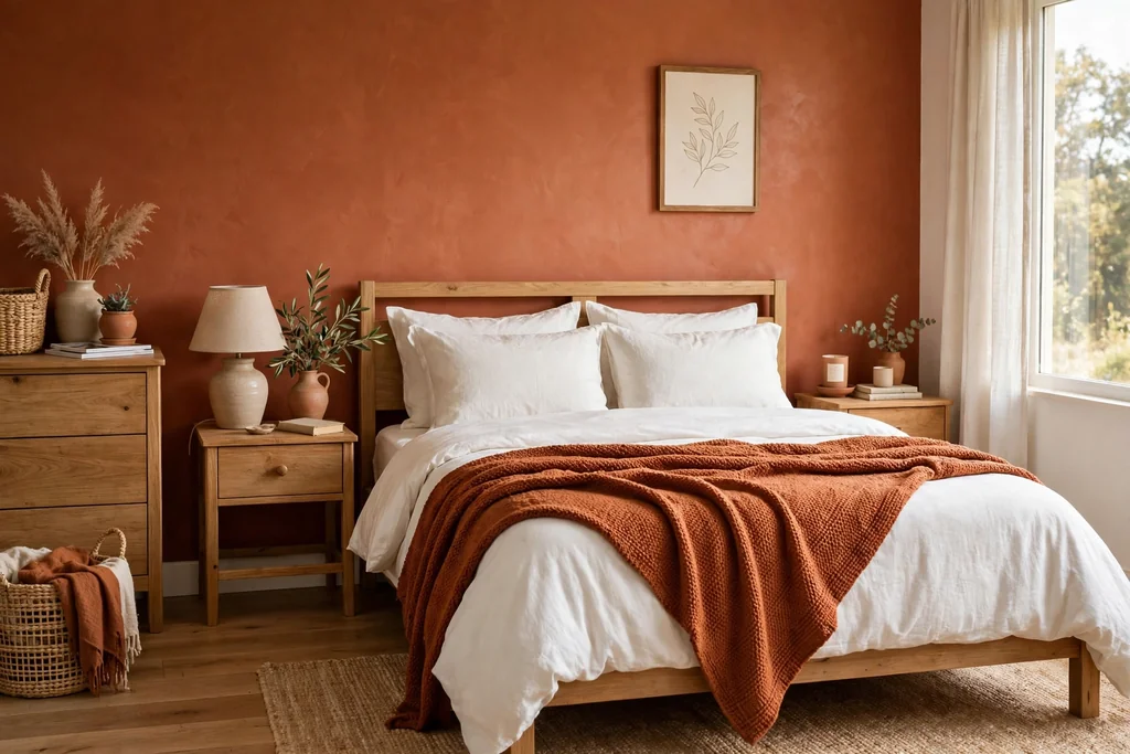 Bedroom with a terracotta accent wall behind a bed with white bedding.