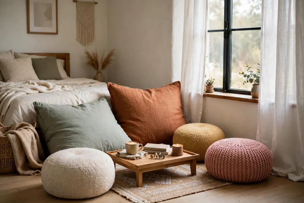 Bedroom floor seating nook with poufs, floor cushions and a low tray table.