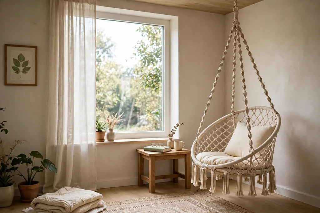 Macrame hanging chair in a bedroom reading corner by a window.