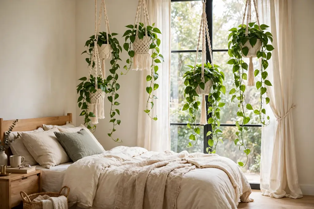 Trailing plants in macrame holders hanging near a bedroom window.
