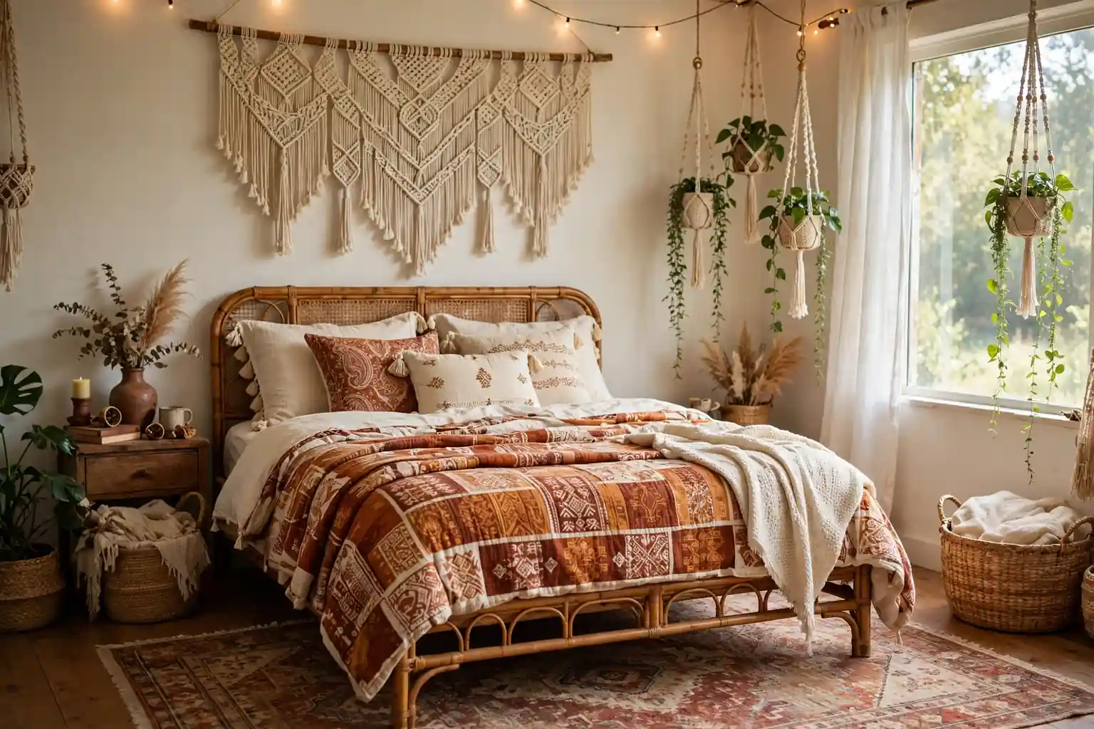 Cozy hippie bedroom with a rattan bed, layered patterned bedding, a macrame wall hanging and hanging plants.