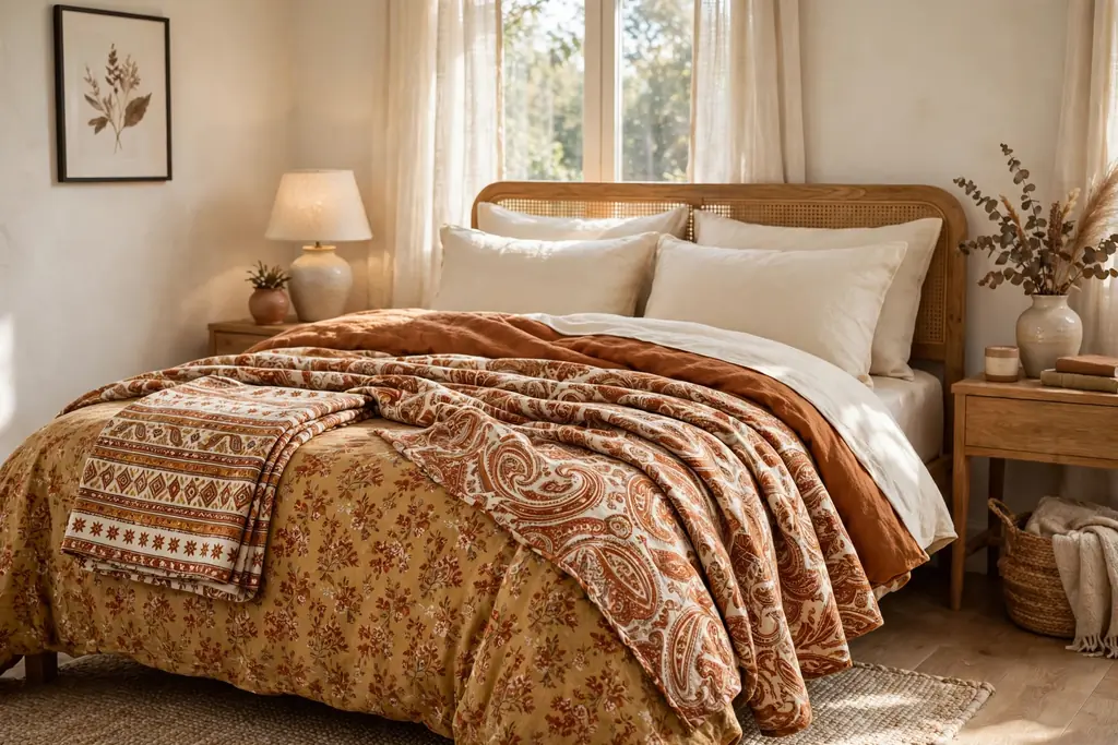 Bed with layered floral and paisley bedding in warm rust and cream tones.