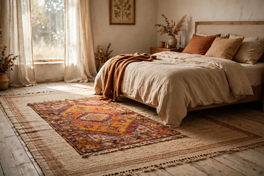 Layered vintage style rugs on a bedroom floor beside a bed.