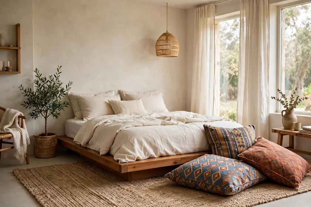 Low wooden platform bed with large floor cushions beside it.