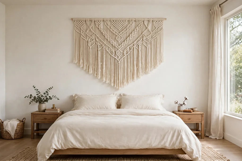 Large macrame wall hanging with fringe above a bed with cream bedding.