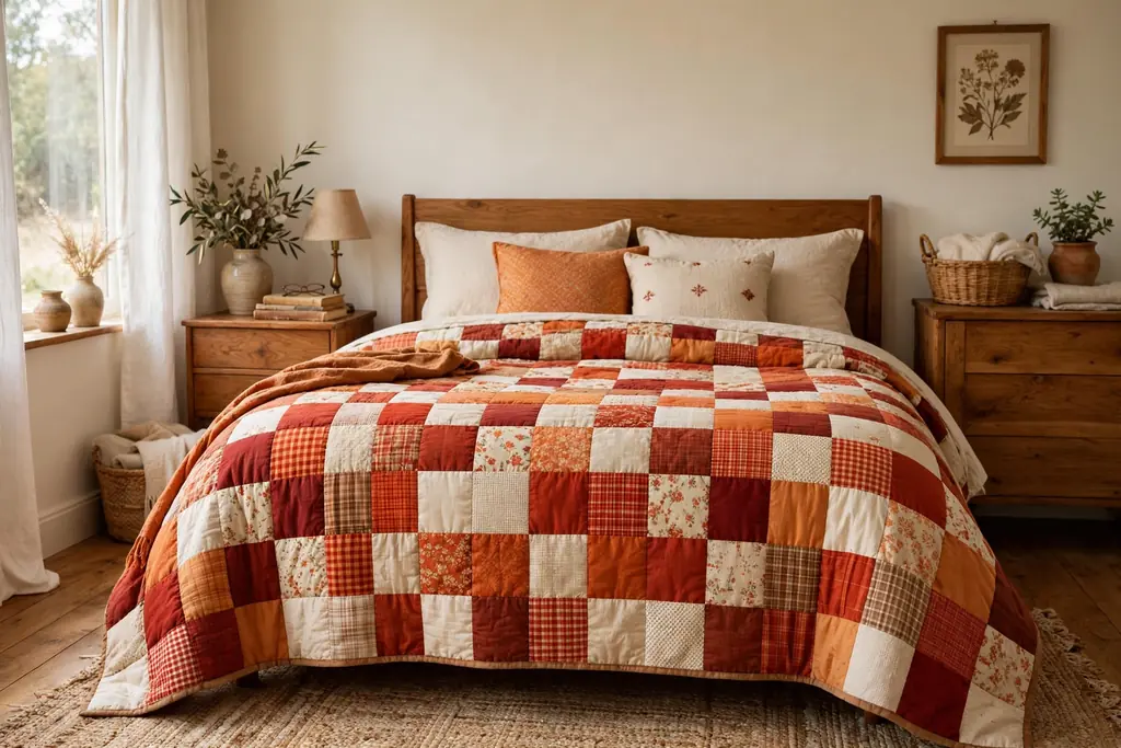 Bed covered with a patchwork quilt in warm reds, oranges and cream squares.