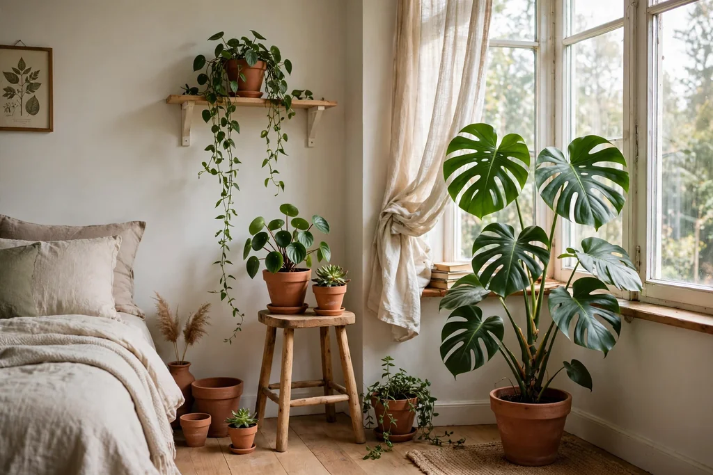 Plant-filled bedroom corner with potted plants at three heights by a window.