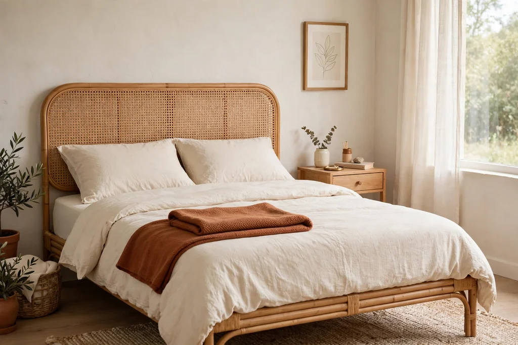 Rattan bed frame with a woven cane headboard and cream bedding.