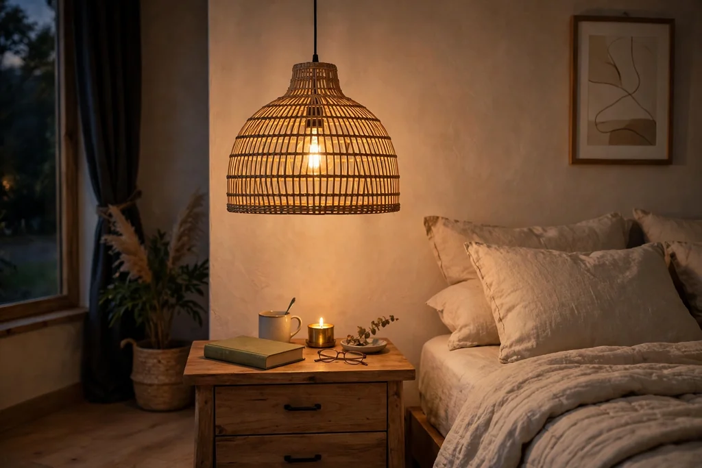 Rattan pendant light hanging over a bedside table in a bedroom.
