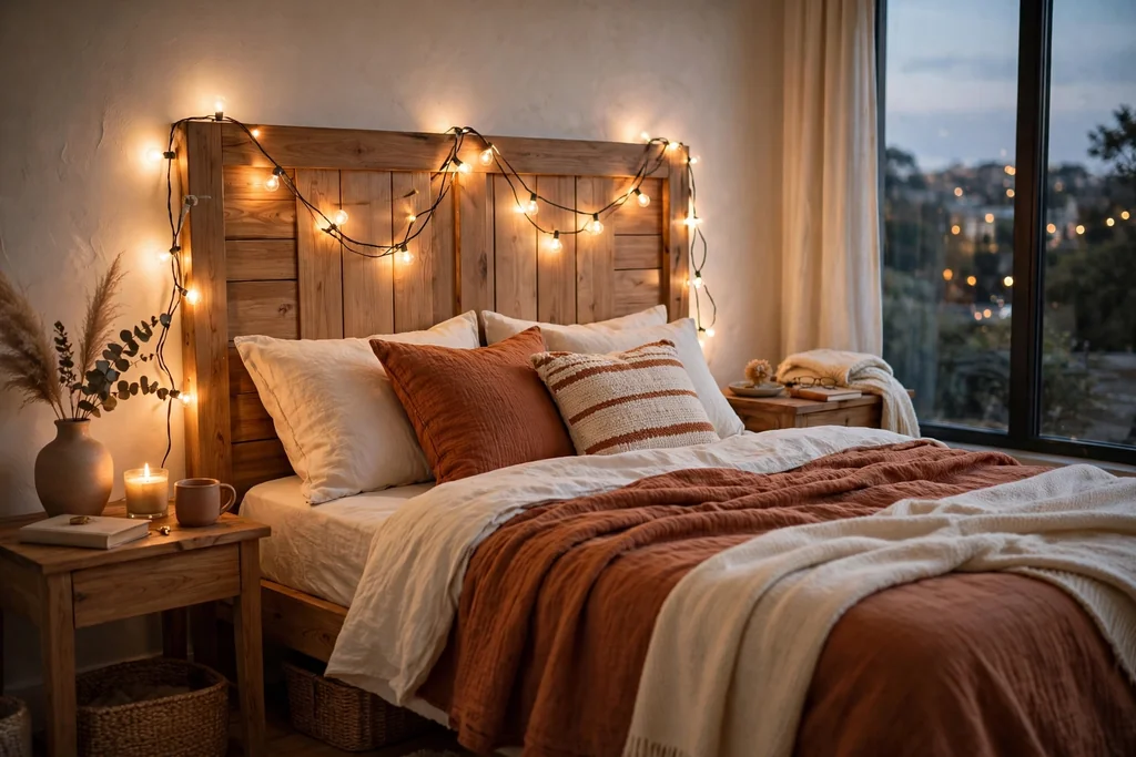 Warm string lights wound around a wooden headboard in a dim bedroom.