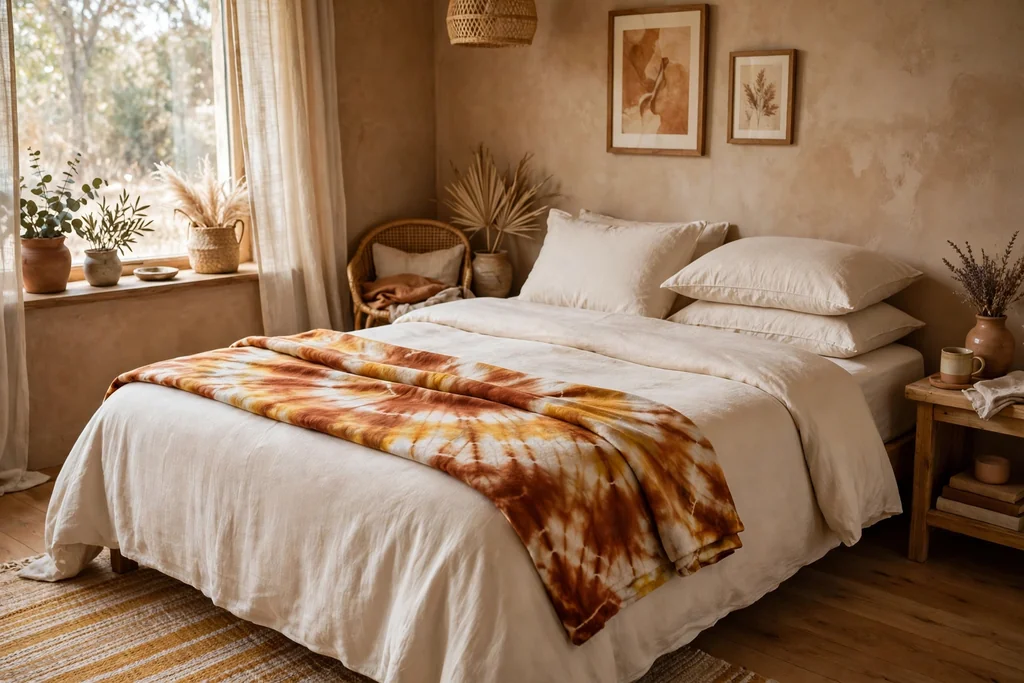 Bed with a tie-dye throw in rust, ochre and cream folded across the foot.