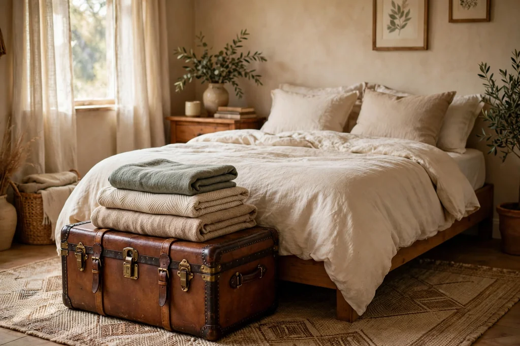 Vintage trunk at the foot of a bed with folded blankets on top.