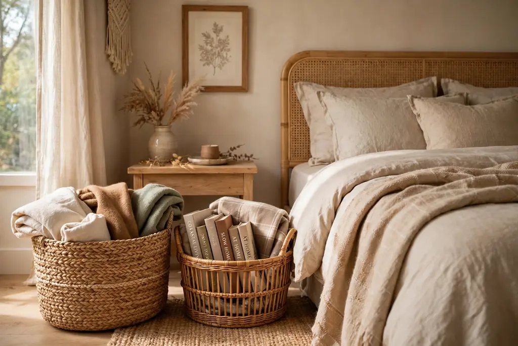 Woven seagrass baskets holding folded throws beside a bed.
