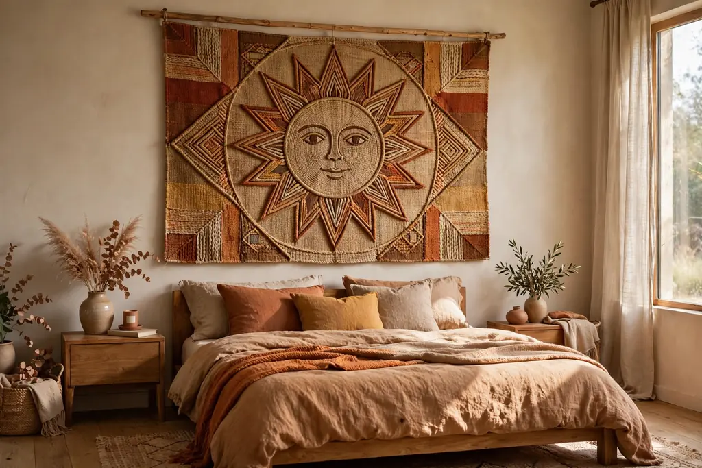 Large woven tapestry with a sun motif hanging on a bedroom wall.
