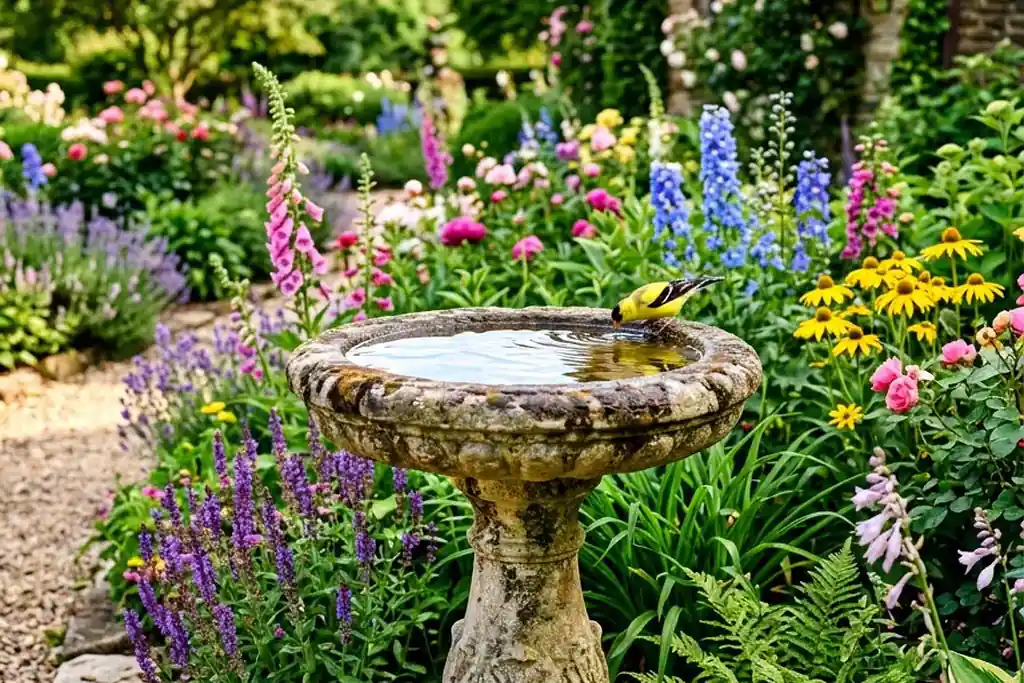 Bird bath standing among flowers in a planted garden bed.