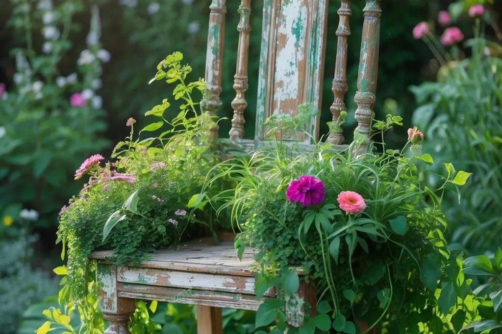 Old chair with flowers planted through its seat in a garden.