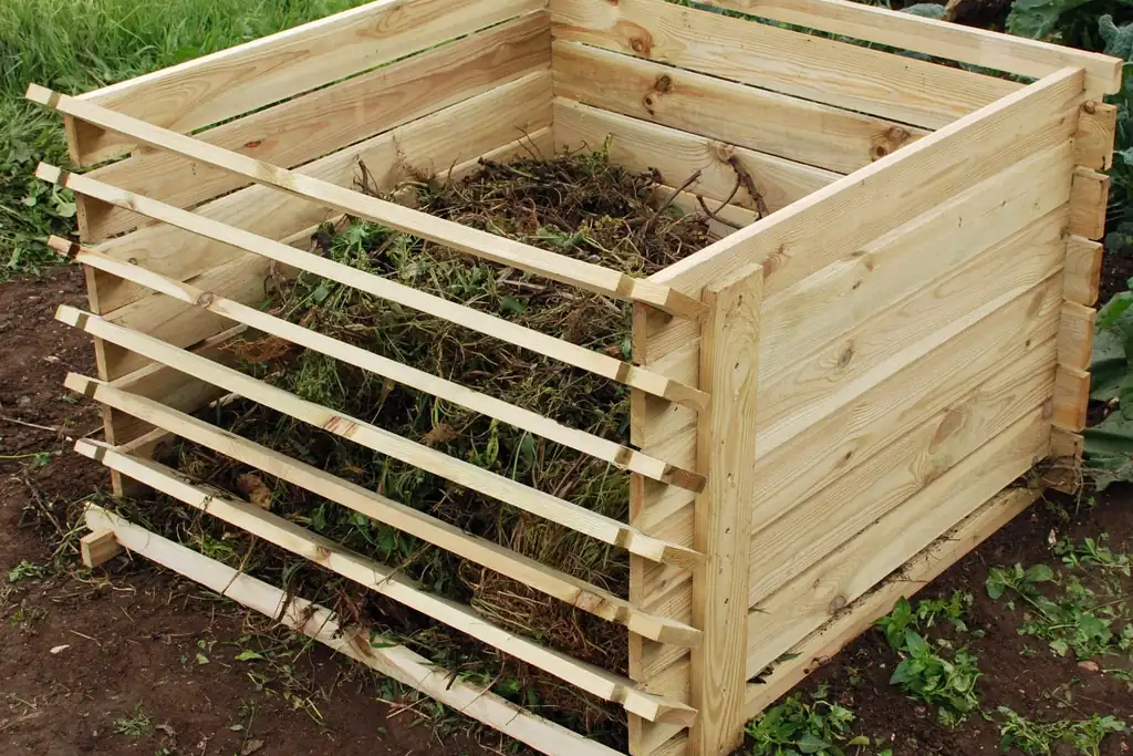 Wooden compost bin tucked into a screened garden corner.