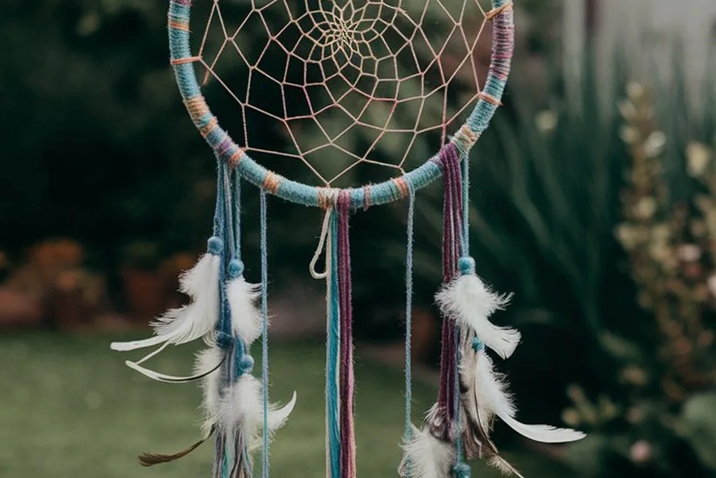 Woven dream catcher hanging from a branch in a garden.