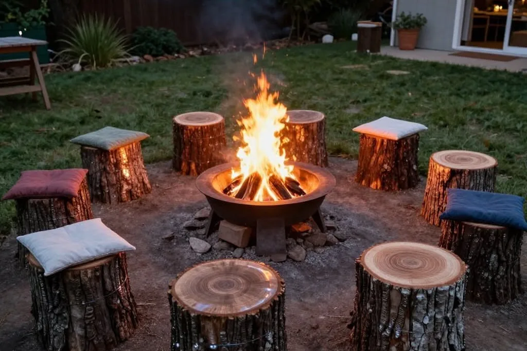 Fire pit ringed with log seats in a backyard clearing.