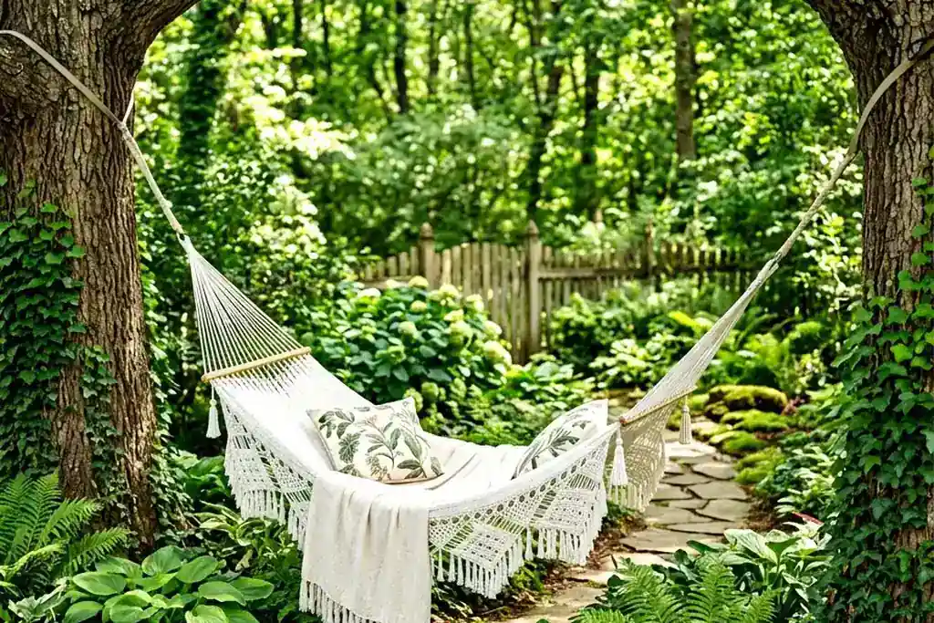 Striped hammock strung between two trees above a garden lawn.