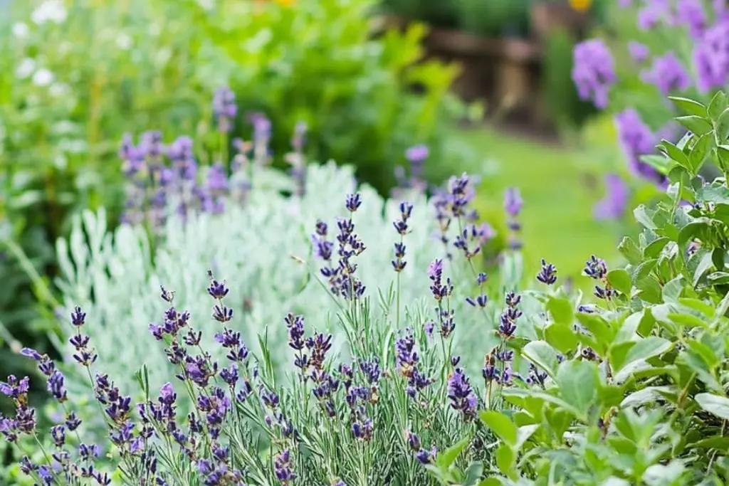 Garden bed mixing herbs and flowering plants along a sunny border.