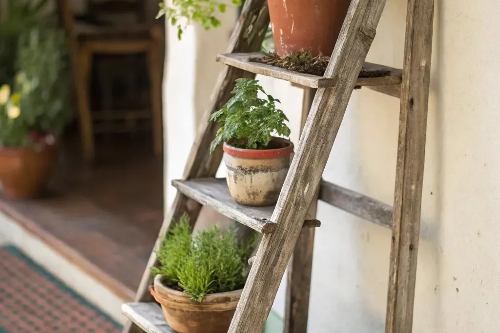 Old wooden ladder holding potted plants on its steps.