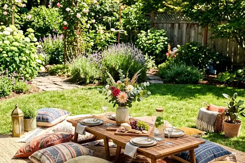 Blanket and floor cushions spread on a lawn for outdoor lounging.