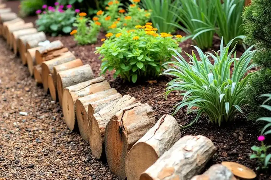 Flower bed edged with short upright logs in a rustic border.