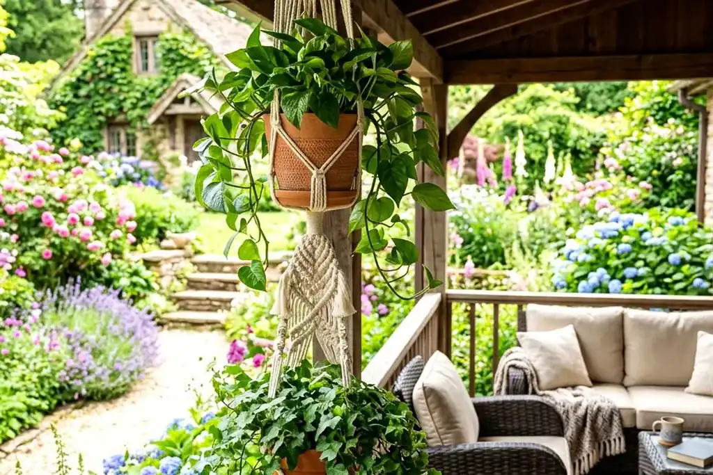 Macrame hangers holding potted plants in a row under a covered edge.