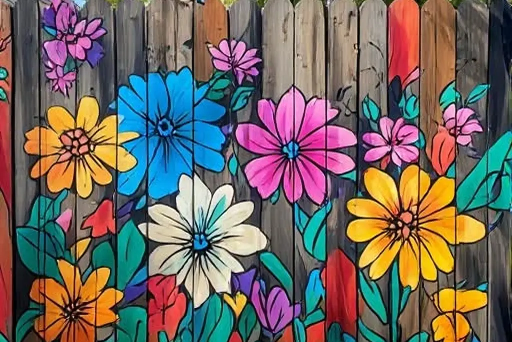 Garden fence painted with a simple floral mural.