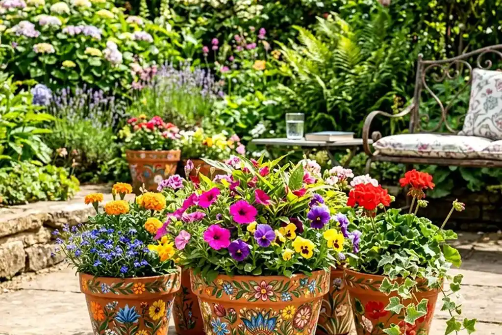 Row of hand painted terracotta pots with flowers in bright colors.