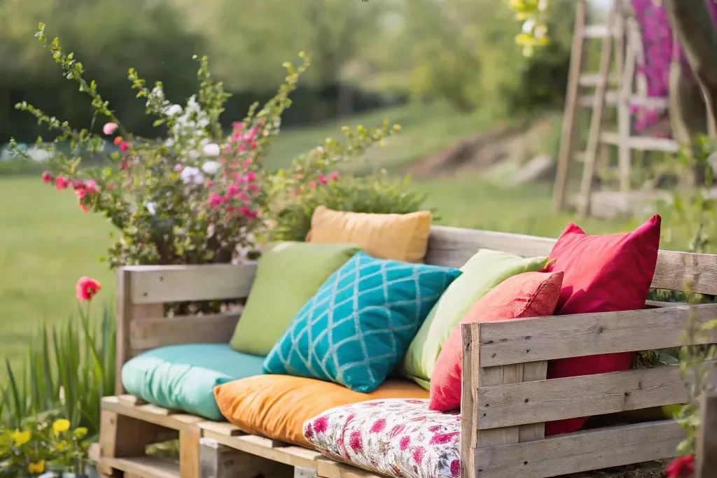 Low pallet seating with cushions and a throw in a garden corner.