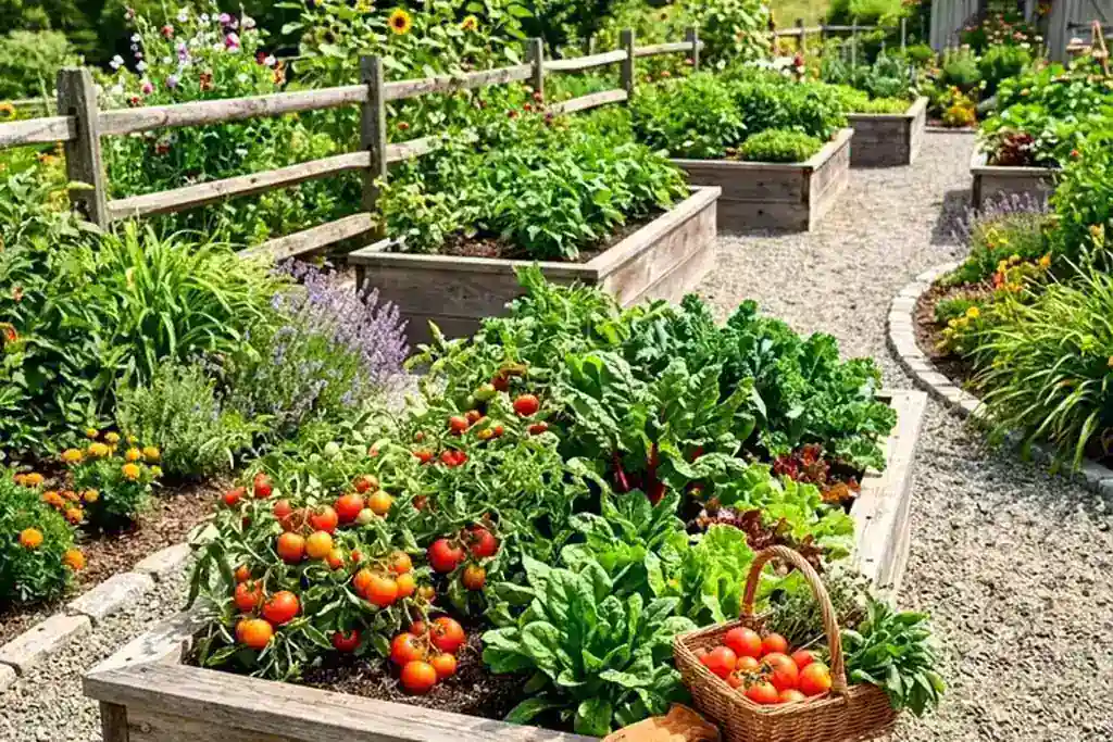 Raised garden bed built from weathered wood, filled with leafy vegetables.