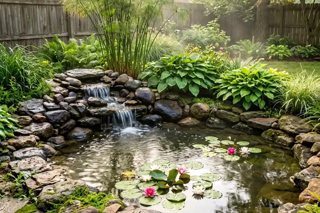 Small garden pond edged with stones and water plants.