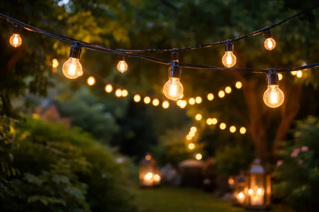 Warm string lights glowing over a garden seating area at dusk.