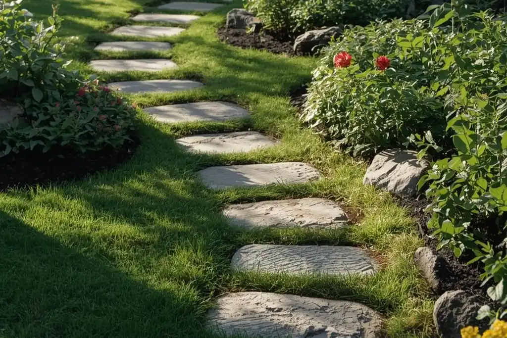 Winding stepping stone path crossing a lawn between planted beds.