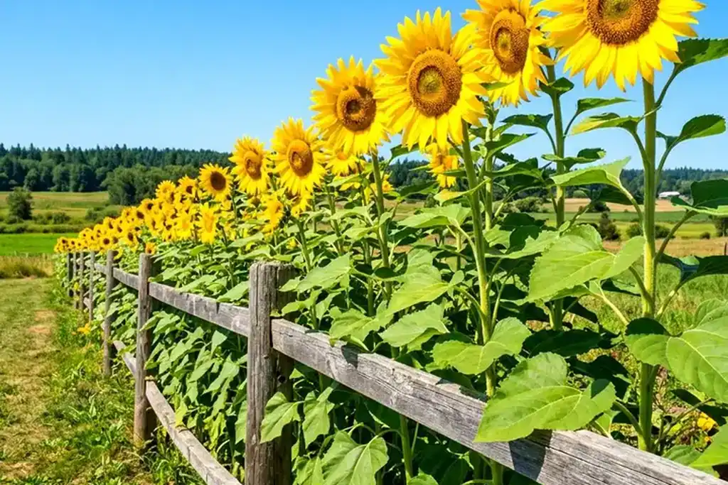 Tall sunflowers growing in a line along a garden fence.